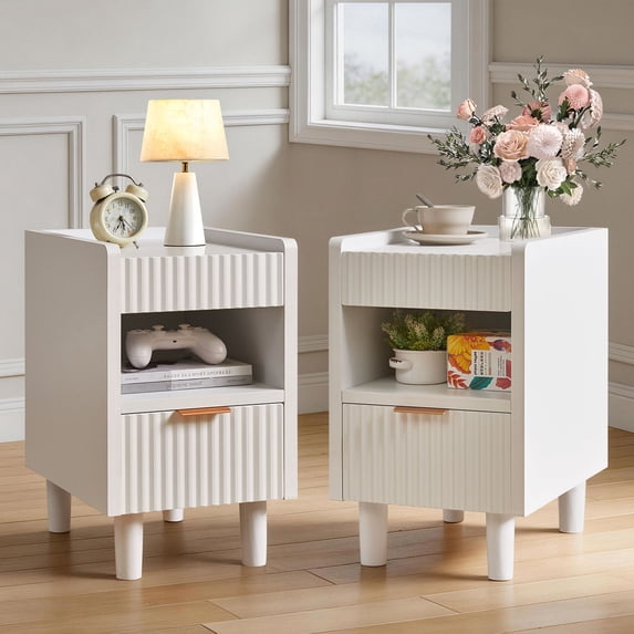 CQSXDA 2 Pack Fluted Wood Nightstands with Drawer and Open Storage, Modern Bedroom Bedside Side End Tables for Home Decor, White