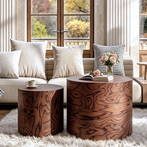 CQSXDA 2-Piece Nesting Round Coffee Table Set, Tree Stump Drum Accent Side Table, for Modern Farmhouse Decor, No Assembly Needed