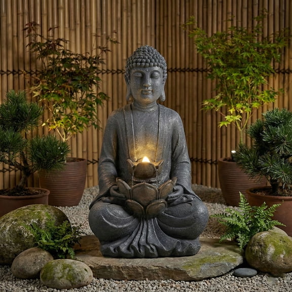 CQSXDA 2-Tier Meditating Buddha Water Fountain With Pump And LED Light For Garden Patio Backyard 28 Inch Height