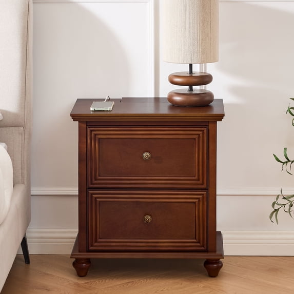 CQSXDA 22.9 Inch Mid Century Modern Nightstand in Wood Finish with 2 Drawers, USB Ports and Outlet Holefor Living Room or Entryway, Walnut