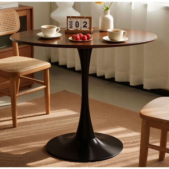 CQSXDA 24 Inch Walnut Wood Round Table With Tulip Steel Base  MDF Coffee Table For Kitchen