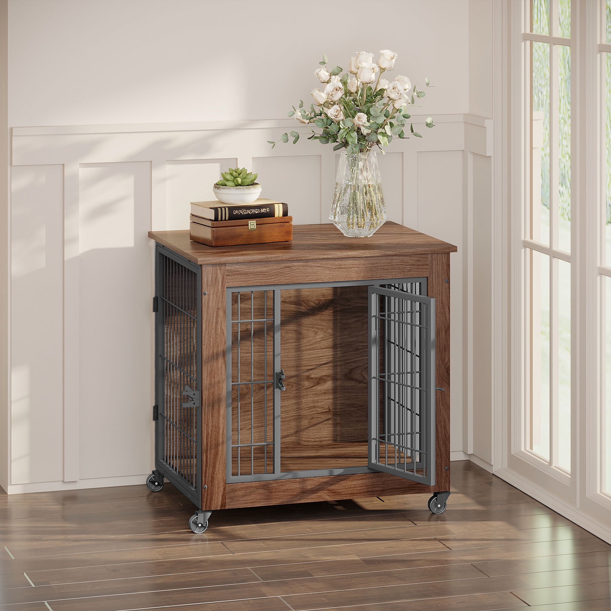 CQSXDA 27.2 Inch Wooden Dog Crate Furniture with Wheels for Small Dogs ...