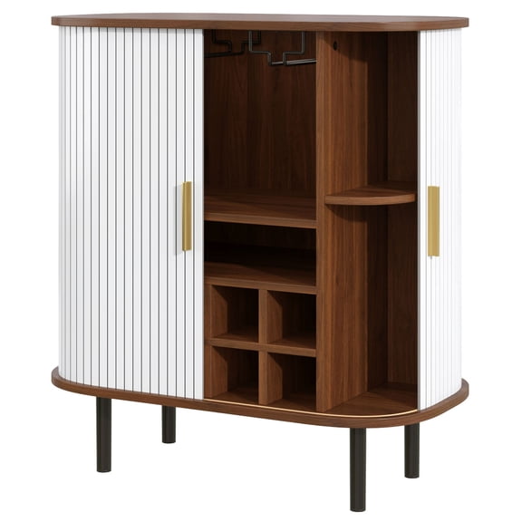 CQSXDA 28 Inch Fluted Wine Bar Cabinet with 8 Wine Bottle Grid and 5 Adjustable Shelves, Sliding Doors 4 Hidden Storage Space on the Side, Modern Liquor Coffee Station, White