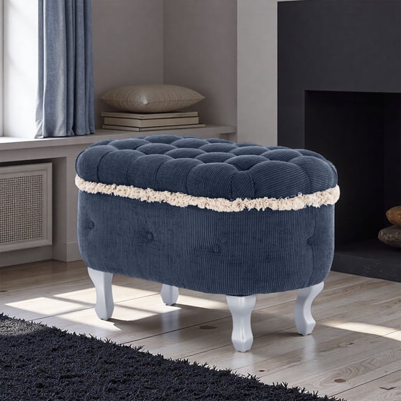CQSXDA 29.5 Inch Button-Tufted Storage Bench in Fabric Upholstery for Stylish Bedroom or Entryway Storage Solutions，Blue