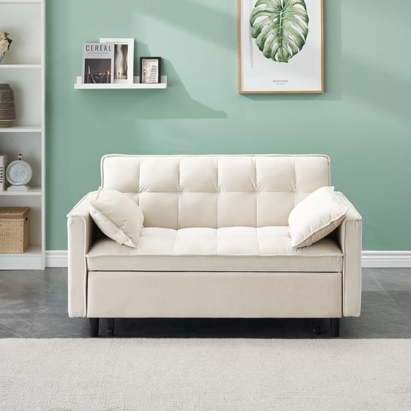CQSXDA 3 In 1 Convertible Sleep Sofa Bed, Modern Velvet Design Small Love Seat With Pockets And Cushions For , Beige