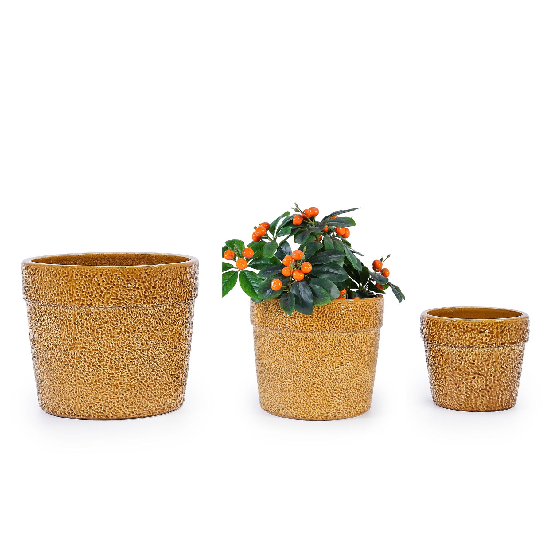 CQSXDA 3-Pack Antique Yellow Ceramic Planters, 15" 12" 9" Modern Indoor Outdoor Flower Pot w/Drainage