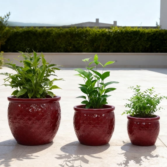 CQSXDA 3-Pack Bean Paste Red Ceramic Planters, 15" 12" 9" Modern Indoor Outdoor Flower Pot w/Drainage