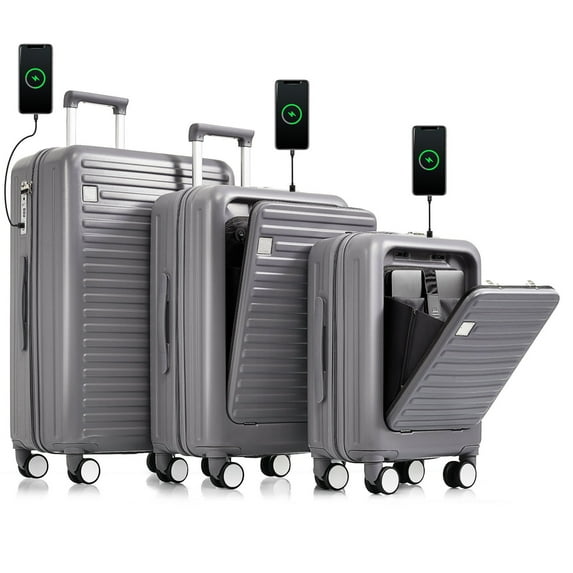 CQSXDA 3-Piece ABS Luggage Set with USB Port in Black, 20 24 28 Inch Sizes, Spinner Wheels for Effortless Travel Experience
