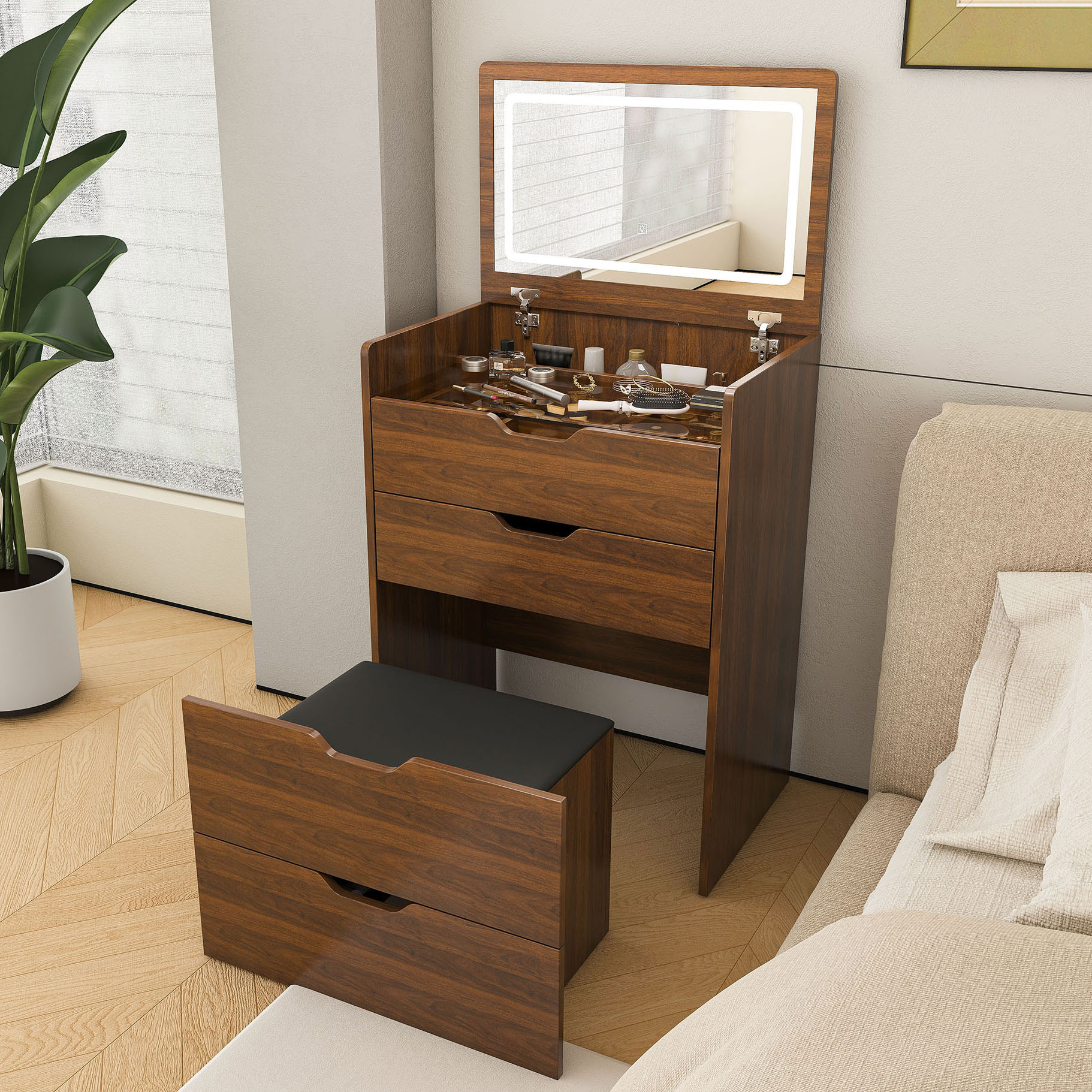 CQSXDA 3-in-1 Compact Vanity Desk with Lighted Mirror and Stool in ...