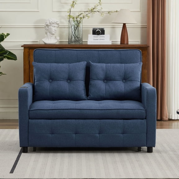 CQSXDA 3-in-1 Convertible Sleeper Chair Bed in Linen with USB Ports and Side Pocket, Adjustable Armchair Sofa, Blue