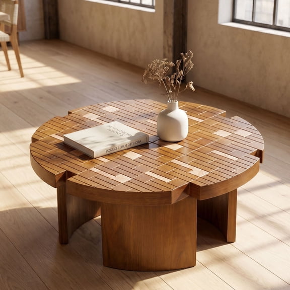 CQSXDA 31.5 Inch Handmade Mosaic Inlaid Wooden Round Coffee Table With Flower Petal Design Vintage Walnut Patchwork Style for Boho Living Room Decor
