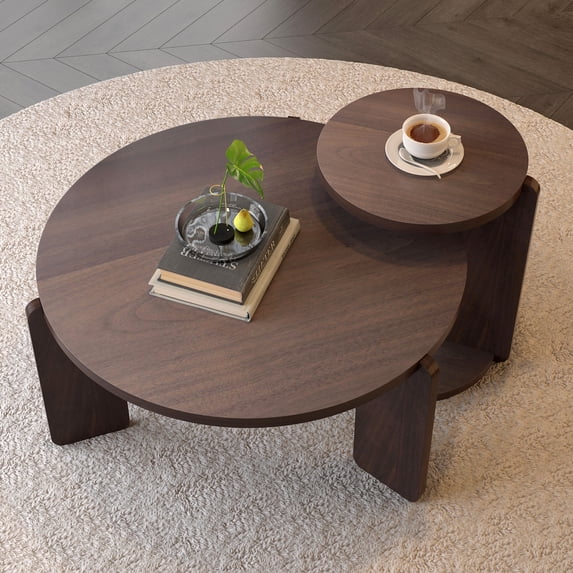 CQSXDA 32.68 Inch Diameter Round Black Oak Nesting Coffee Table Set Of 2 With Wear Resisting PU Paint Ideal For Living Rooms,Walnut