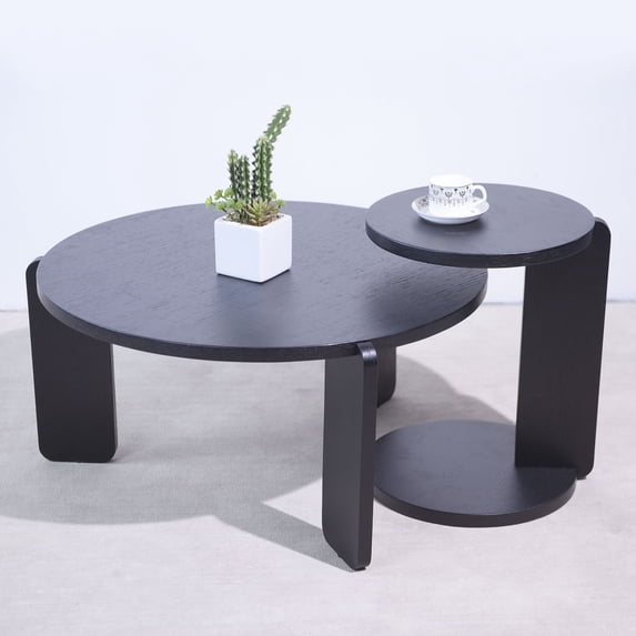 CQSXDA 32.68 Inch Diameter Round Black Oak Nesting Coffee Table Set Of 2 With Wear Resisting PU Paint Ideal For Living Rooms