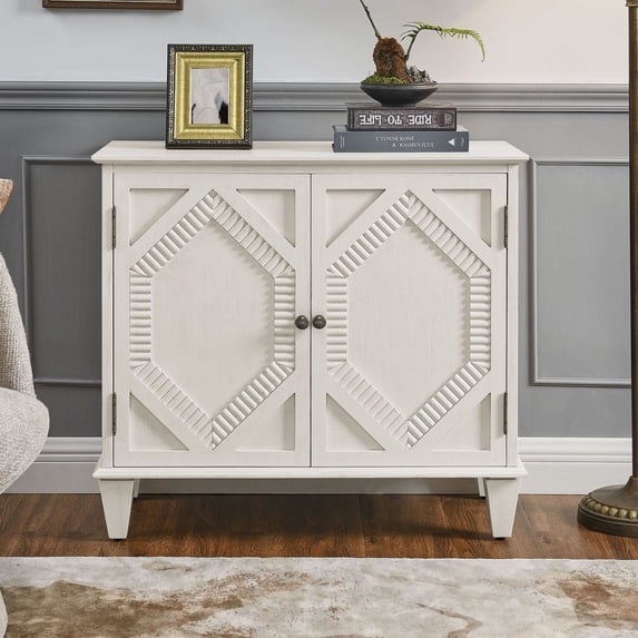 CQSXDA 33.6 Inch Wooden Sideboard Buffet Cabinet in Walnut with Geometric Design for Entryway and Kitchen Storage,Antique White
