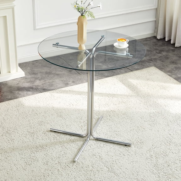 CQSXDA 36 Inch Round Glass Bar Table with Tempered Top and Sturdy Gold Chrome Plated Support for Small Spaces,Silver,Transparent