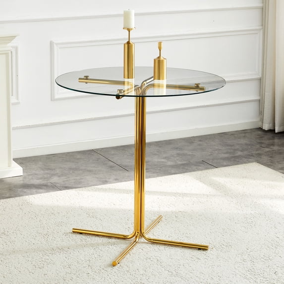 CQSXDA 36 Inch Round Glass Bar Table with Tempered Top and Sturdy Gold Chrome Plated Support for Small Spaces