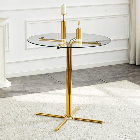 CQSXDA 36 Inch Round Glass Bar Table with Tempered Top and Sturdy Gold Chrome Plated Support for Small Spaces