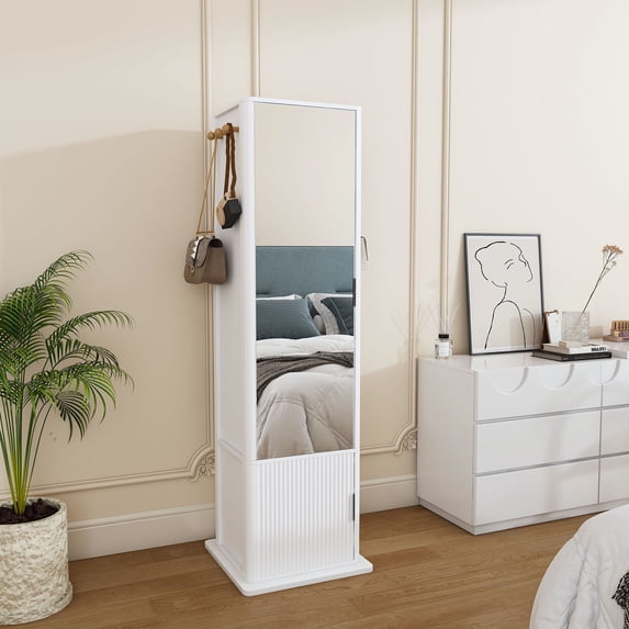 CQSXDA 360° Rotating Jewelry Cabinet With Full-Length Mirror, Multi-Shelf Stand For Makeup And Organization Needs