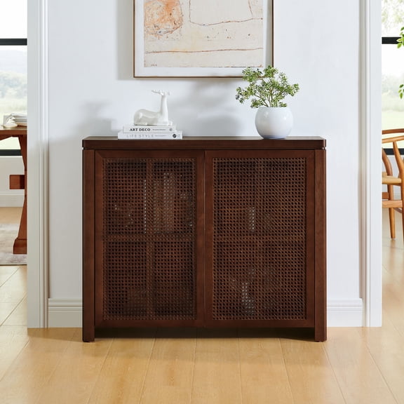 CQSXDA 39.4" Mid Century Modern Rattan Sideboard Cabinet with 2 Outlet Holes for Entryway and Living Room Storage