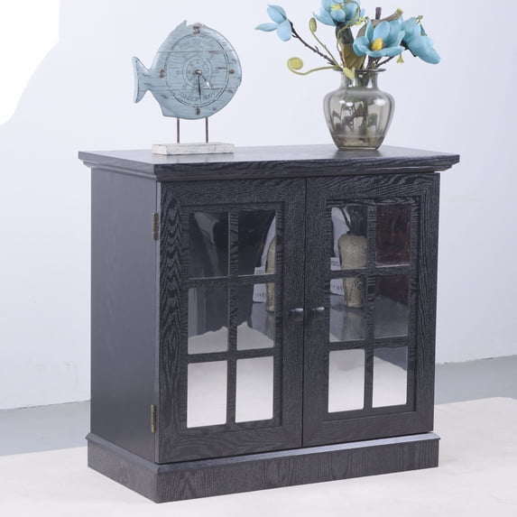 CQSXDA 3D Wood Grain Storage Sideboard Cabinet With 2 Acrylic Mirrored Doors And Adjustable Shelf For Living Room, Black