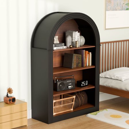 CQSXDA 4-Shelf Black Wood Open Display Floor Arched Bookcase, 45.66 Inch Tall Storage Organizer