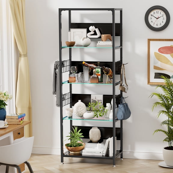 CQSXDA 4-Tier Glass Display Shelf with RGB Lights, Adjustable Storage Box, Metal Frame for Collectibles in Living Room or Bedroom