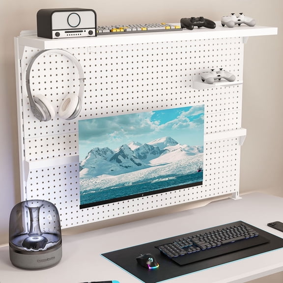CQSXDA 43x35 Inch Clamp-On Desk Pegboard, Steel Organizer, Features Single Monitor Stand and Movable Hooks for Office Use, White