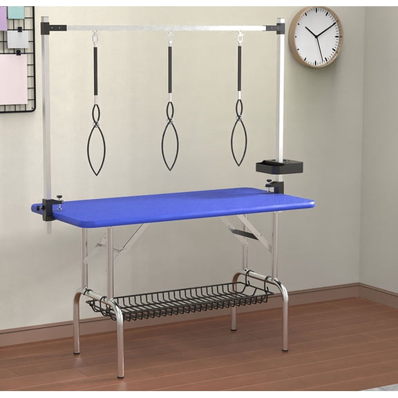 CQSXDA 47 Inch Stainless Steel Foldable Pet Grooming Table with Adjustable Height Arms, Mesh Tray, and Tool Organizer,Blue