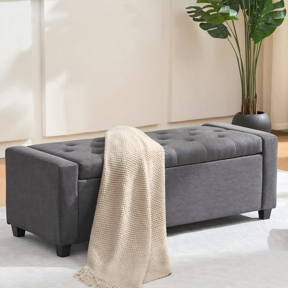 CQSXDA 48 Inch Upholstered Storage Bench in Faux Linen for Bedroom Living Room Entryway Use, Grey
