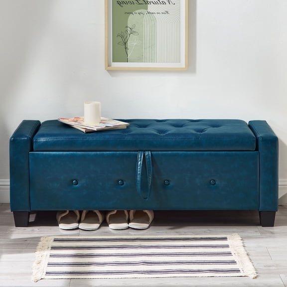 CQSXDA 48" Ottoman Bench Upholstered Faux Leather with Storage, for Hallway or Bedroom, Blue