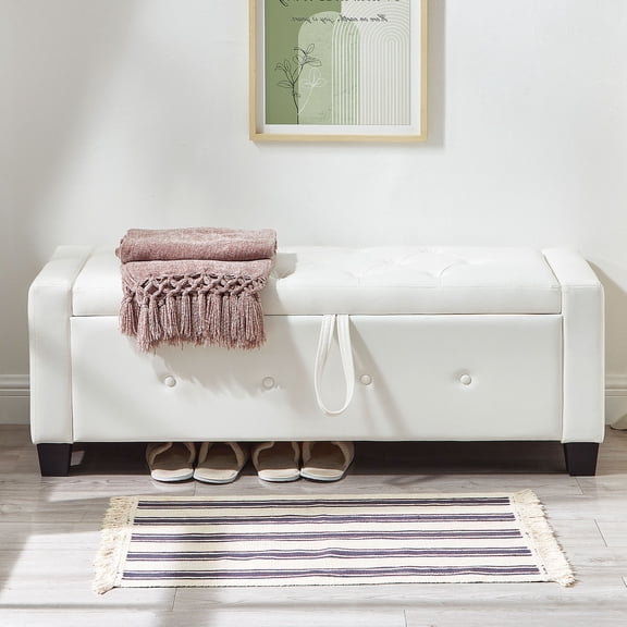 CQSXDA 48" Ottoman Bench Upholstered Faux Leather with Storage, for Hallway or Bedroom, Ivory White