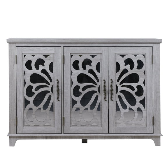 CQSXDA 49.33" x 15.55" Sideboard Buffet Cabinet 3 Mirrored Doors And Adjustable Shelves For Dining And Bedroom Storage, Light Gray