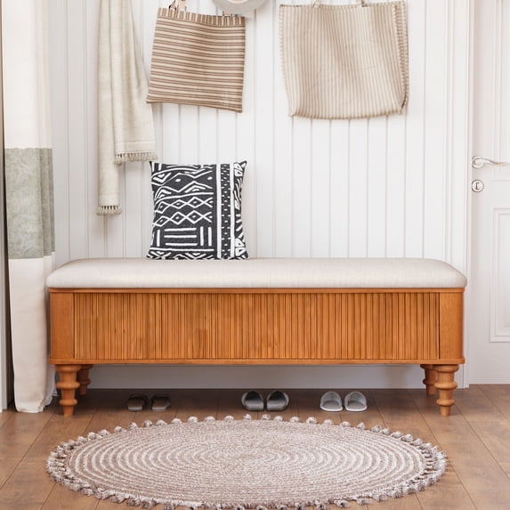CQSXDA 50.8-Inch Multi-Functional Storage Ottoman Bench In Solid Rubberwood With Linen Seat For Bedroom And Entryway,Natural