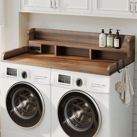 CQSXDA 54"Large 2-Tier Walnut Laundry Countertop With Power Outlet, Hooks & Non-Slip Pads for Folding and Storage