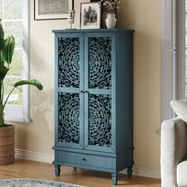 CQSXDA 55 Inch Tall Storage Cabinet with Drawer, Carved Wood 2-Door Accent Cabinet with Solid Wood Legs for Home, Antique Blue