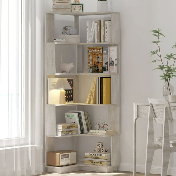 CQSXDA 6 Tier L-Shaped Corner Bookcase With Anti-Drop Panel In Wood Finish For Office And Home Display, Light Gray