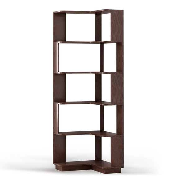 CQSXDA 6 Tier L-Shaped Corner Bookcase With Anti-Drop Panel In Wood Finish For Office And Home Display, Ox Blood Red
