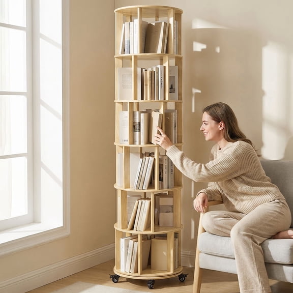 CQSXDA 6 Tier Rotating Bookshelf Tower With Wheels Solid Wood Design 360 Degree Display for Small Spaces And Corner Areas, Wood