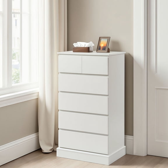 CQSXDA 6 Wood Drawer Vertical Dresser in White, Modern Chest of Drawers with Concealed Handles for Entryway and Bedroom