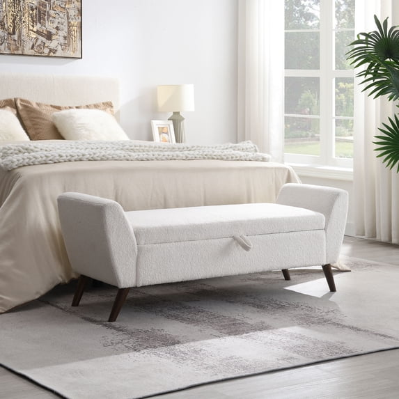 CQSXDA 60 Inch Storage Bench Featuring Comfort Padded Teddy Cream Upholstery and Mid-Century Wooden Legs for Any Room