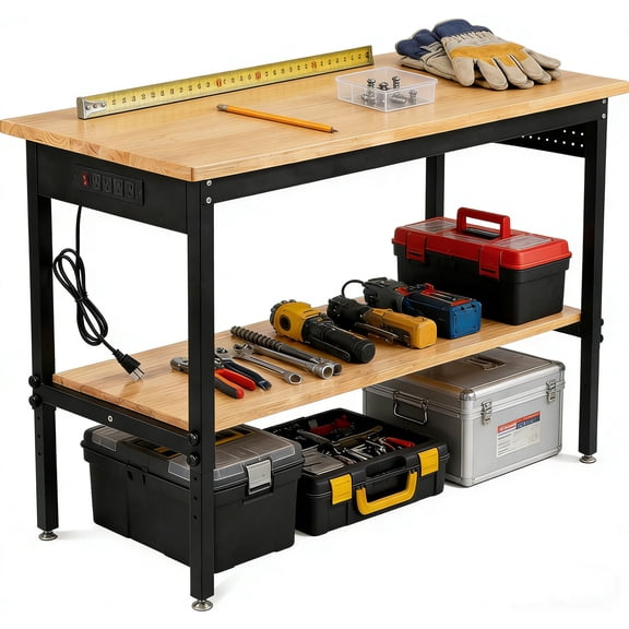 CQSXDA 60"x24" Adjustable Workbench with Power Outlet, Solid Hardwood Top, 2500LBS Capacity, Mobile Garage Table