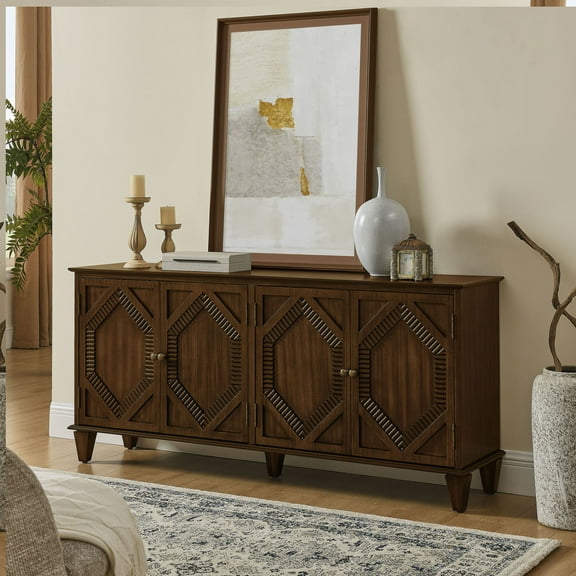 CQSXDA 65.2" Mid Century Modern Buffet Cabinet with Geometric Storage Design in Walnut for Living Room and Kitchen Use
