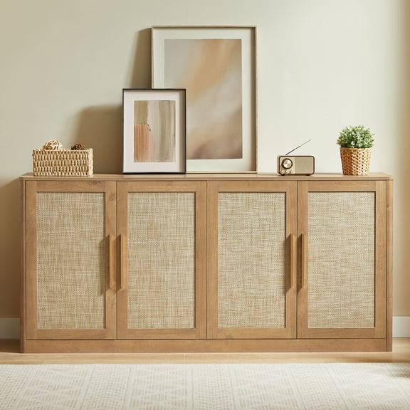 CQSXDA 67 Inch Rattan 4-Door Buffet Cabinet in Caramel Oak for Living Room and Kitchen Storage Solution