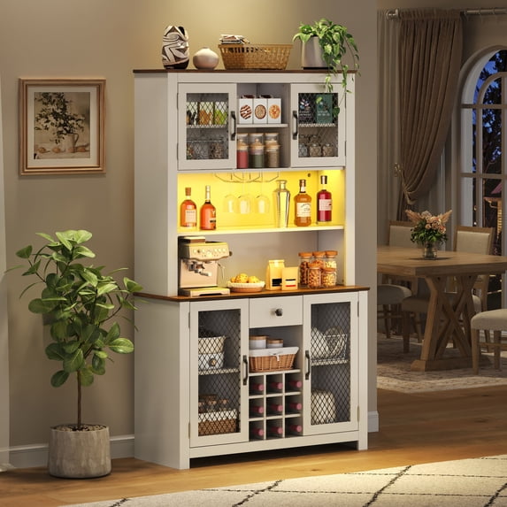 CQSXDA 70.9" Kitchen Pantry Storage Cabinet in Wood Finish with LED Outlets for Dining Room Organization,White
