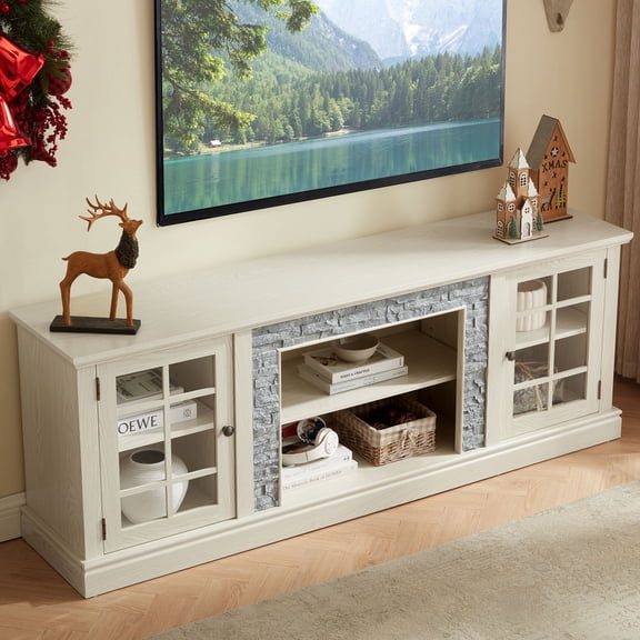 CQSXDA 70-Inch Grey TV Stand with 2-Door Storage, Durable Faux Stone Media Console for Your Living Room Decor,White