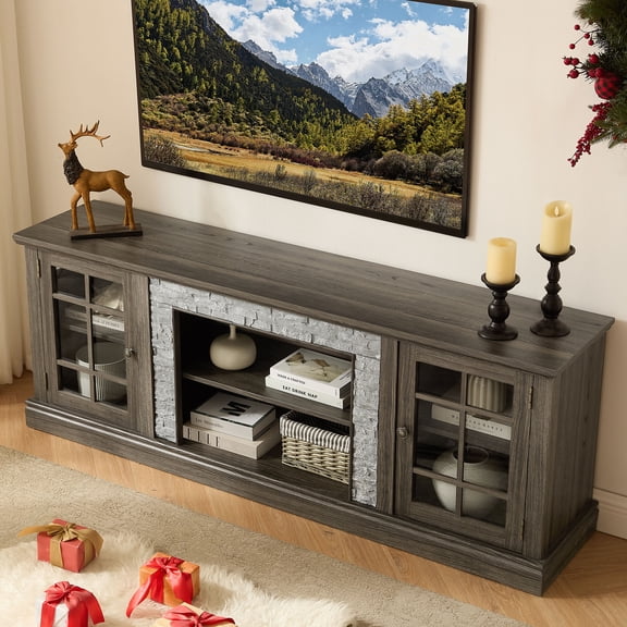 CQSXDA 70-Inch Grey TV Stand with 2-Door Storage, Durable Faux Stone Media Console for Your Living Room Decor