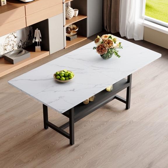 CQSXDA 71 Inch Walnut Grain Dining Table Featuring  Legs Great For Family And Friends Gatherings，White+Black