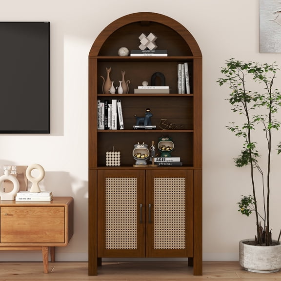 CQSXDA 71" Tall Arched Bookcase with Storage, Mid-Century Modern 6-Tier Arch Cabinet with Door and Open Shelf for Office Living Room