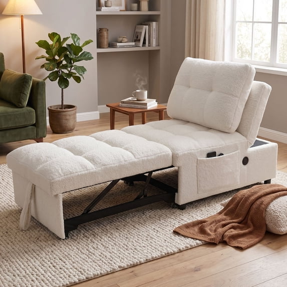 CQSXDA Adjustable Backrest Armless White Sofa Bed Teddy Material With USB Port And Multi Storage Pockets for Minimalist Living Rooms