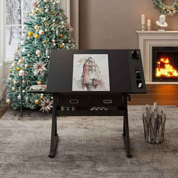 CQSXDA Adjustable Drawing Drafting Table Desk With 2 Drawers And Stool For Home Office And School Use In Modern Design,Black